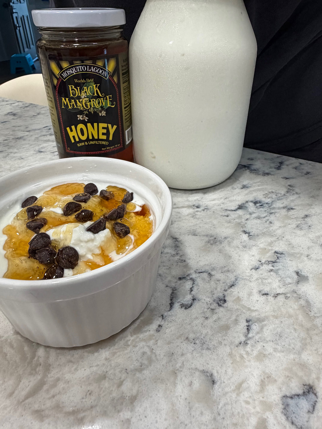 Image showing Mr. Honey Homemade probiotic yogurt with Raw Black Mangrove Honey and the homemade yogurt in the background. 