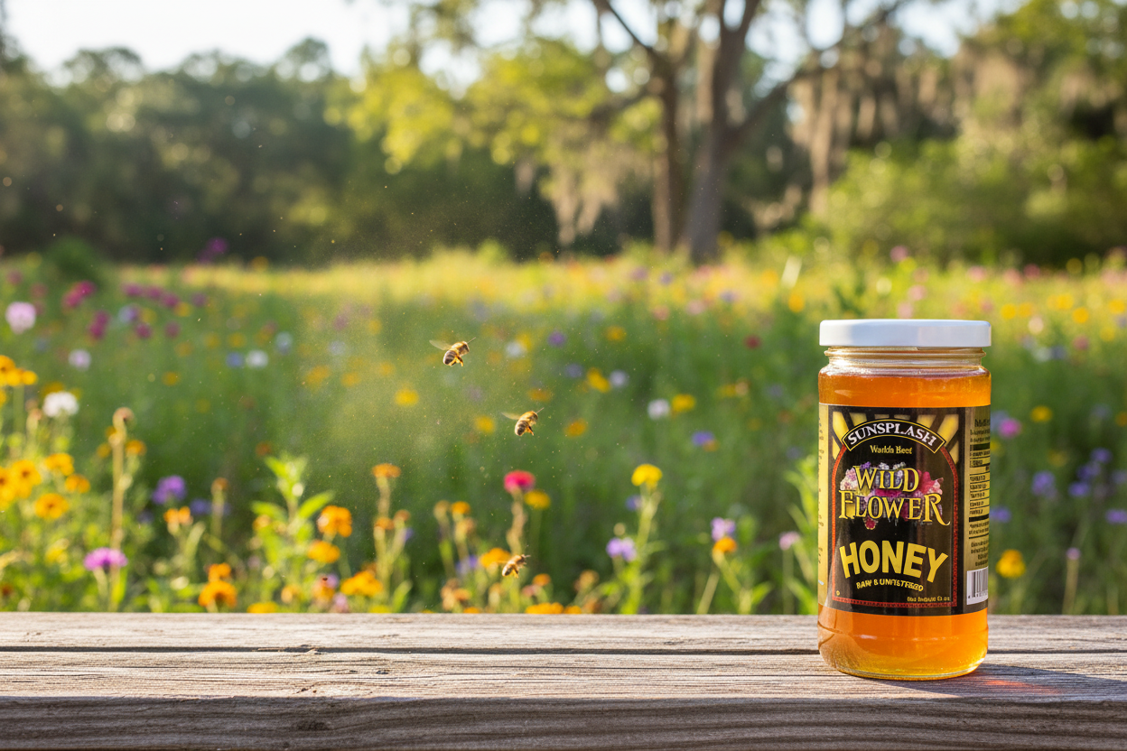 Image with raw honey jar in the foreground with flowers, tall grass, and trees in background with bees flying around