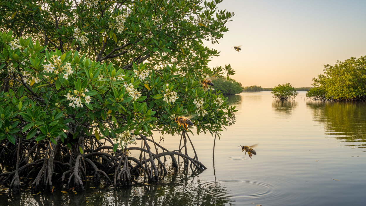 Mosquito Lagoon mangroves with bees and Mr. Honey logo